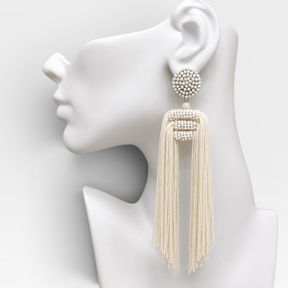 Elegant Ivory Beaded Tassel Drop Earrings - Designer Style